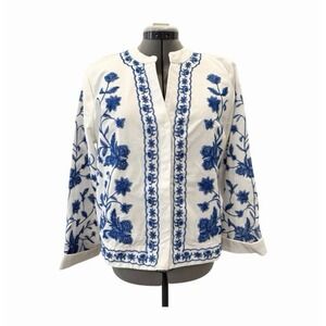 Embroidery Cotton Shirt Women Long Sleeve Top Blue&White Porcelain Floral Xlarge